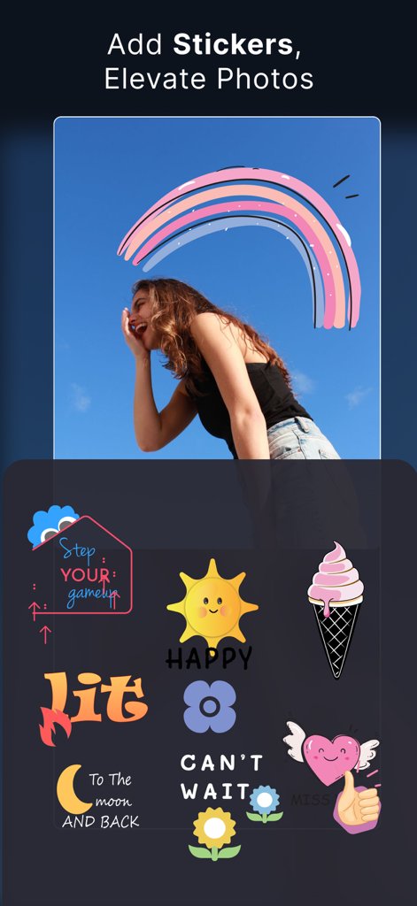 A photo of a woman being edited with a rainbow sticker and a menu of other fun stickers like a sun and ice cream cone.