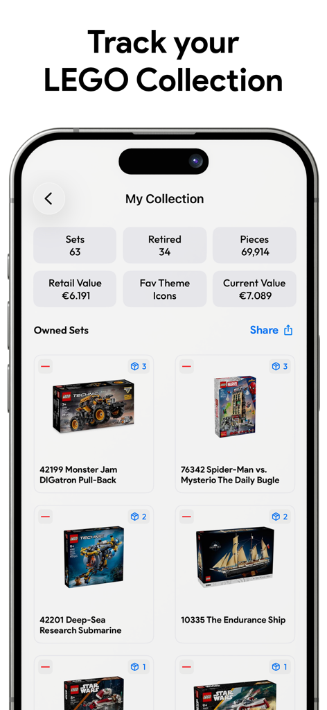 Dashboard of the BrickHub app showing LEGO collection statistics like set count piece count and total market value