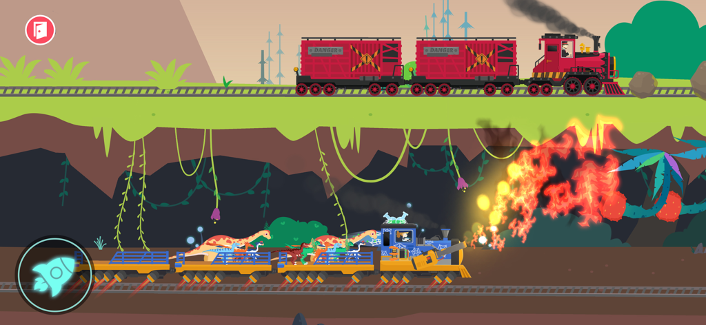 A blue rescue train carrying several dinosaurs through a cave level in Dinosaur Guard.