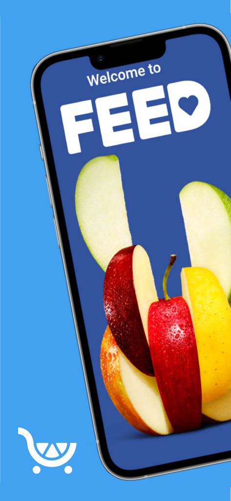 FEED Mobile app welcome screen featuring the logo and sliced apples