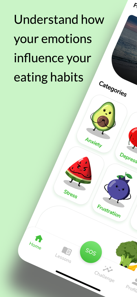 Brocco: Eating disorder & Diet - Pantalla de la aplicación Brocco que muestra categorías de emociones como ansiedad y estrés vinculadas a hábitos alimentarios