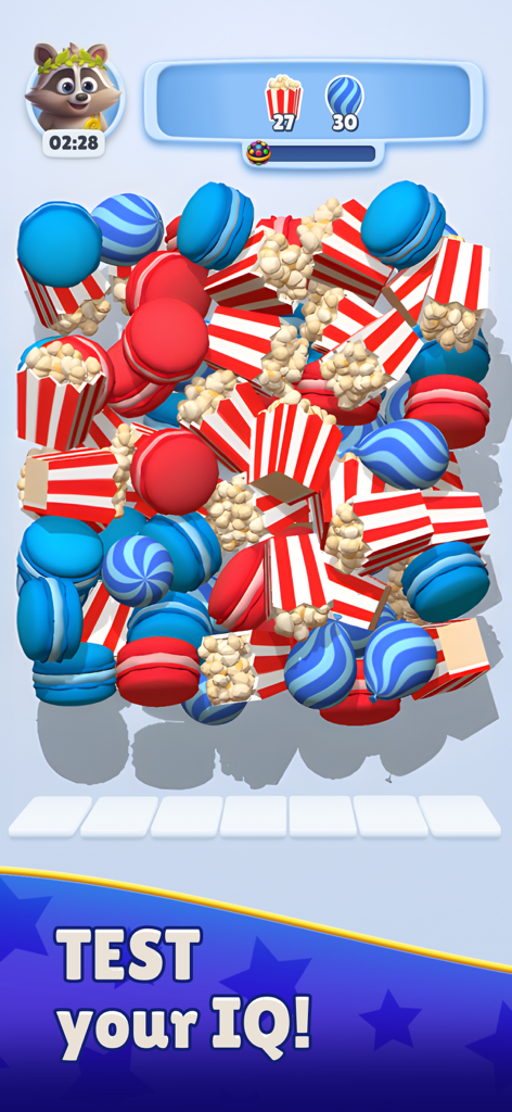 Gameplay screen of Mighty Match 3D puzzle game showing a pile of popcorn and macarons with a Test your IQ message