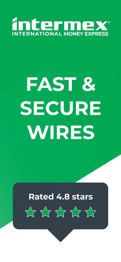 Pantalla promocional de la app Intermex que muestra servicios de transferencia de dinero rápidos y seguros con una calificación de 4.8 estrellas