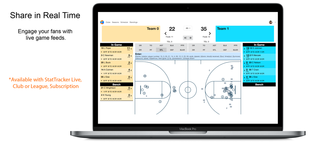Interface web do Basketball Stat Tracker Live num computador portátil a mostrar pontuações de jogo em tempo real, mapas de lançamento e estatísticas de jogadores.