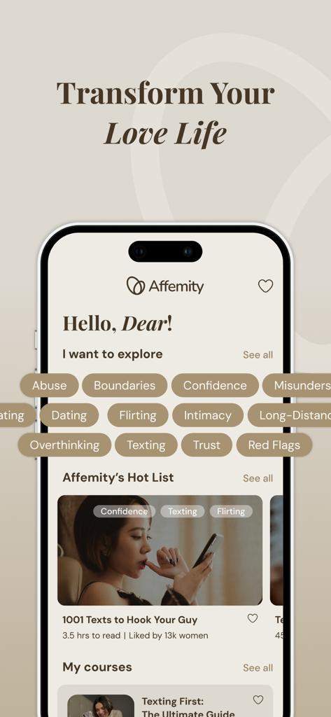 Affemity 관계 코치 앱 인터페이스, 다양한 사랑과 데이트 주제를 보여줌