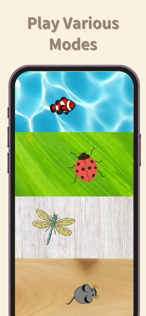 Un smartphone affichant quatre modes de jeu interactifs différents pour chats, y compris un poisson, une coccinelle, une libellule et une souris