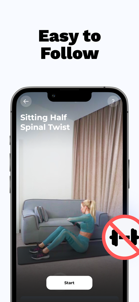 Weight Loss FREE of ads - FitMe mobile app showing a woman performing a sitting half spinal twist during an easy to follow home workout with no equipment