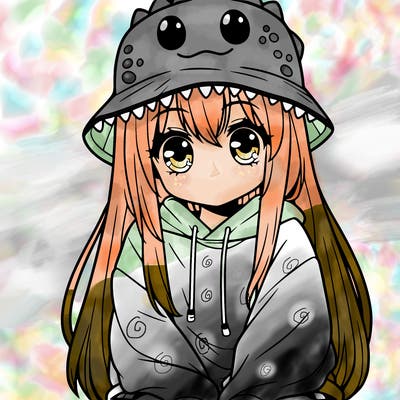 girl with anime shaped eyes with a dinosaur bucket hat oversized sweatshirt long straight hair