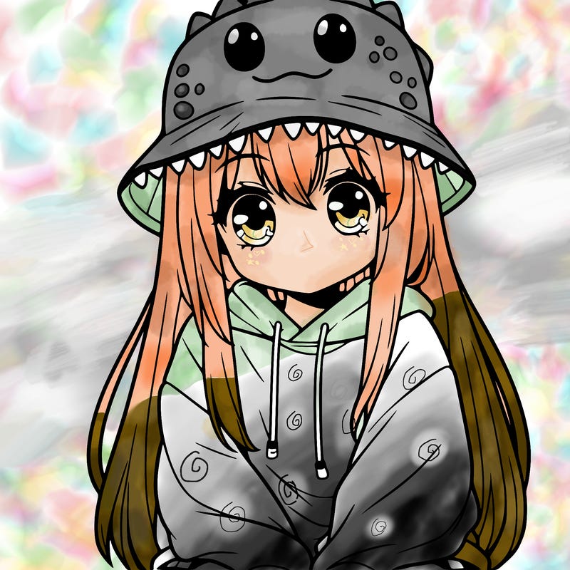 girl with anime shaped eyes with a dinosaur bucket hat oversized sweatshirt long straight hair