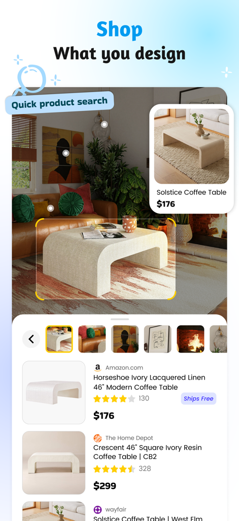 AI Home Design: Ideal House - AI Home Design app interface showing a quick product search feature for a modern coffee table with price comparisons from major retailers