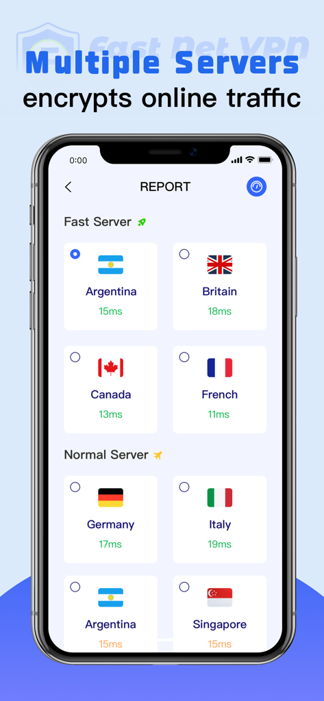 Fast Net VPN app showing a list of global server locations with latency speeds including Britain Canada and Italy