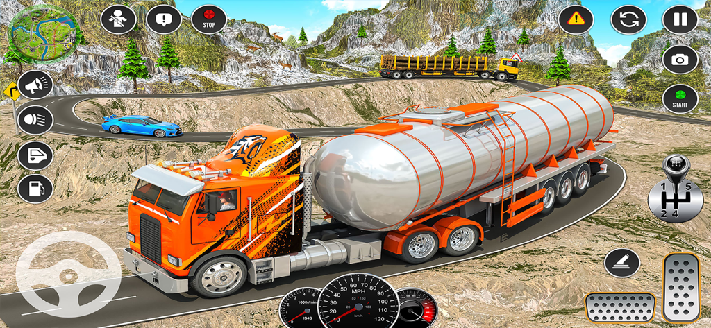 Oil Tanker Euro Truck 3D Games - An orange tiger-skinned oil tanker truck driving on a winding mountain road in a 3D simulation game