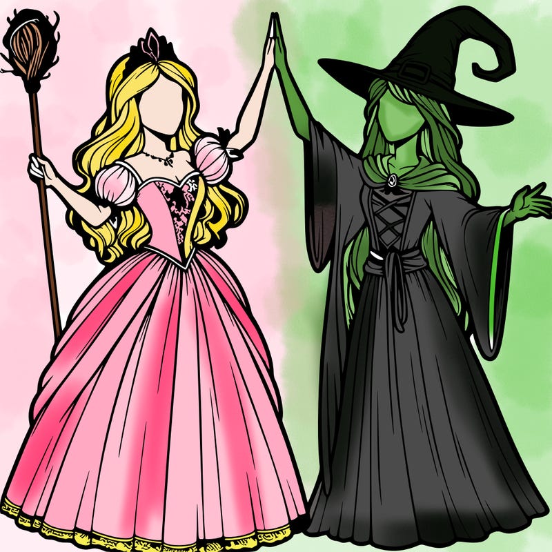 detailed realistic split of a princess and a witch
