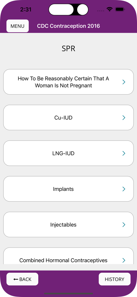 CDC Contraception app SPR screen showing medical recommendations for various contraceptive methods
