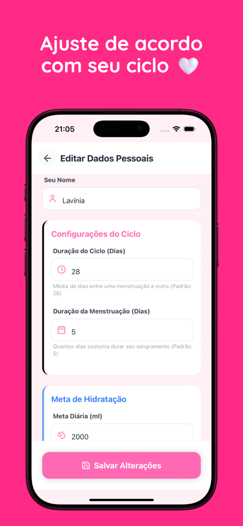 Ciclo Rosa - Interface of the Ciclo Rosa app showing settings for personal data, menstrual cycle duration, and daily hydration goals.