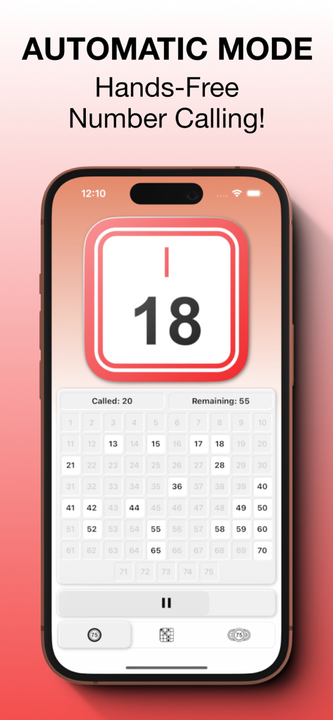 Bingo Go app interface showing automatic hands free number calling mode with the number 18 displayed