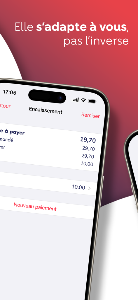 Écran de paiement de l'application de point de vente L'Addition Suite sur iPhone affichant les détails de paiement.