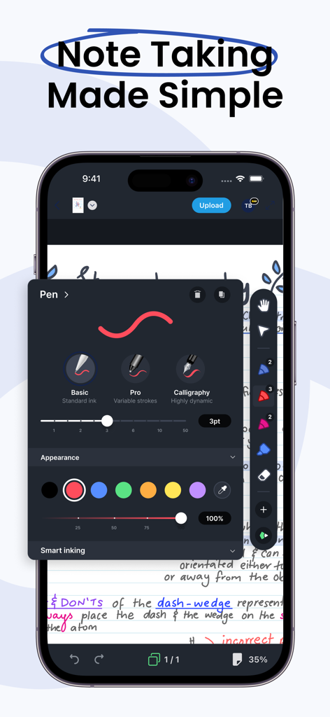 Drawboard PDF mobile interface showing pen tool customization and handwritten notes