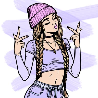 realistic teenage girl with braids and a beanie and crop top doing 🫶🏼