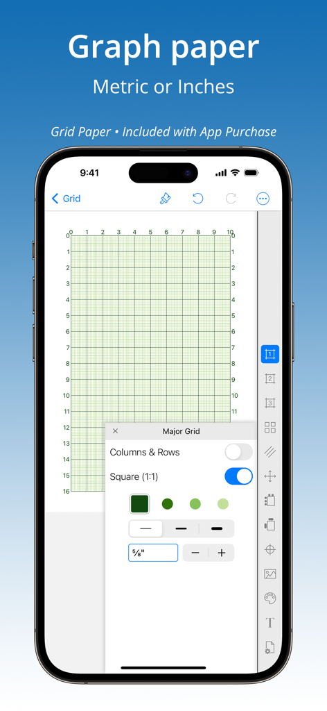 GridMaker - Pantalla de smartphone que muestra la aplicación GridMaker con ajustes de papel cuadriculado personalizado