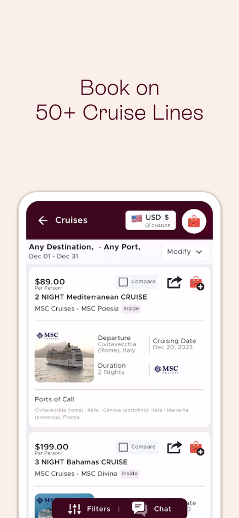 Mondee app interface displaying discounted cruise packages and booking options for various destinations.