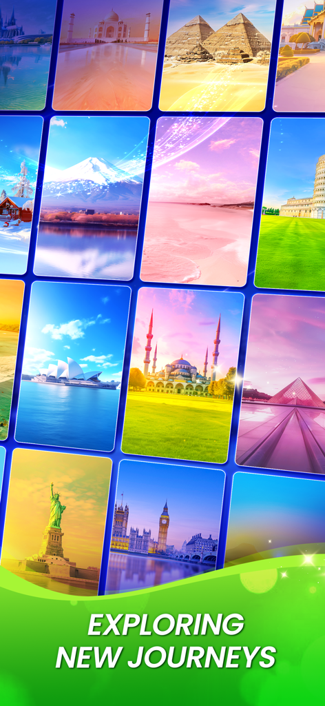 Word Search Trip - A collage showing various global landmarks like the Taj Mahal and Pyramids with the text Exploring New Journeys