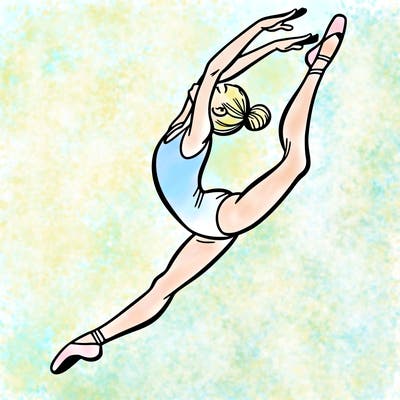 gymnast doing a leap in a leotard with a bent back leg