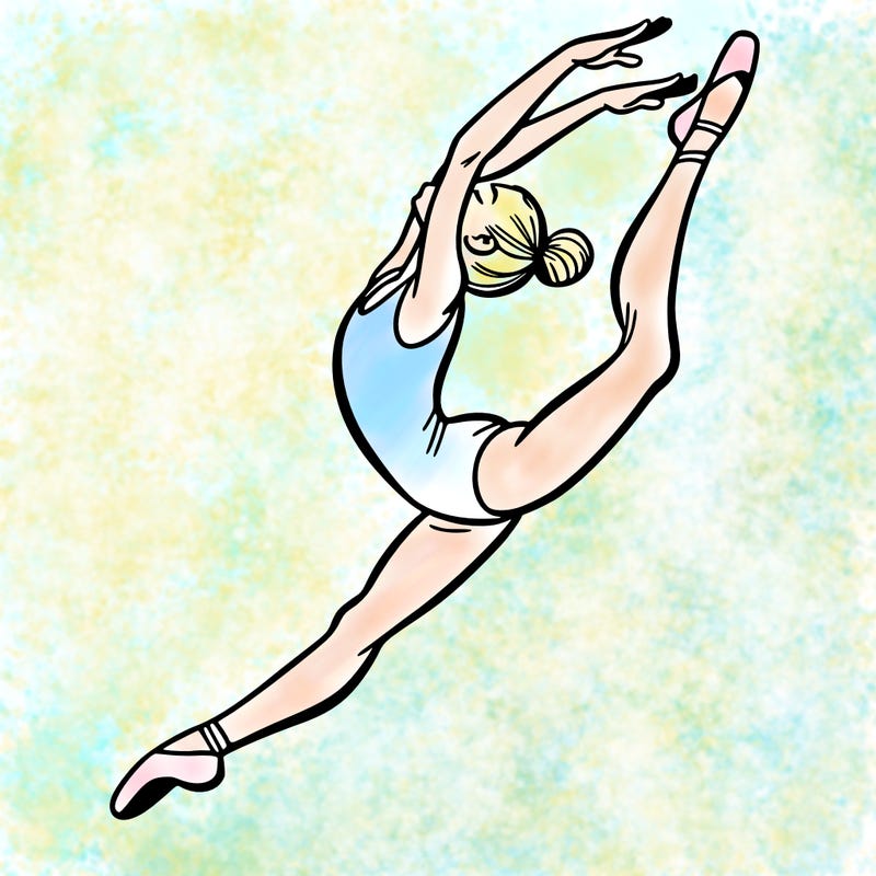 gymnast doing a leap in a leotard with a bent back leg