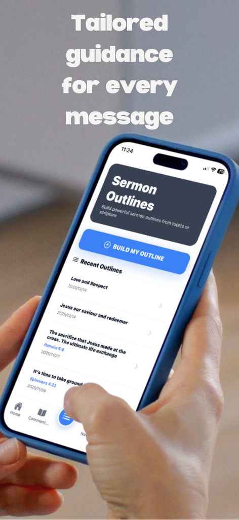 Sermon Assist - Una pantalla de teléfono inteligente que muestra la aplicación Sermon Assist con una lista de esquemas de sermones recientes y un botón para crear uno nuevo