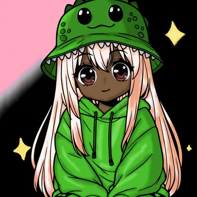 girl with anime shaped eyes with a dinosaur bucket hat oversized sweatshirt long straight hair