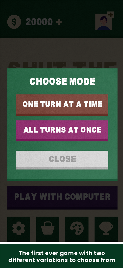 Shut The Box - Dice Board Game - Pantalla del menú de Shut The Box mostrando la opción de jugar de un turno a la vez y de todos los turnos a la vez.