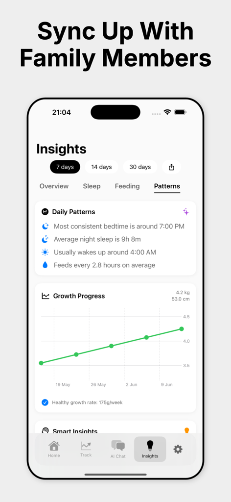 Nurtura: Baby Tracker - Nurtura baby tracker app interface showing daily sleep patterns and a baby growth progress line graph.