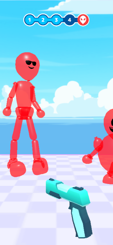 Balloon Crusher: Shoot’em all - First-person perspective of a gun aimed at a red balloon character in the Balloon Crusher mobile game