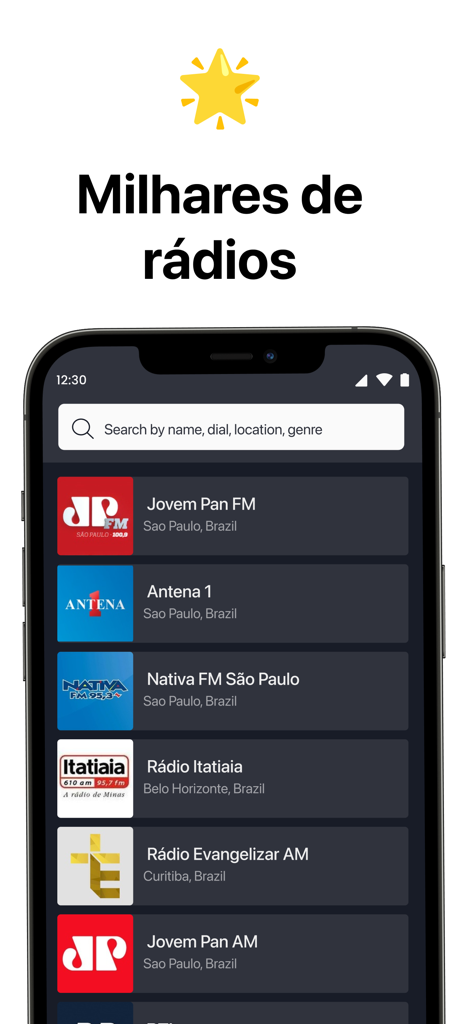 Rádio FM Brasil App Online - Interface of Rádio FM Brasil app featuring a list of Brazilian radio stations
