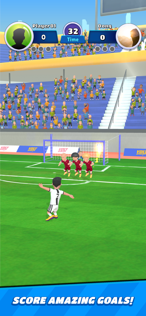 Football Clash - Mobile Soccer - Football Clash mobile game screenshot showing a 1v1 free kick in a stadium with cartoony graphics