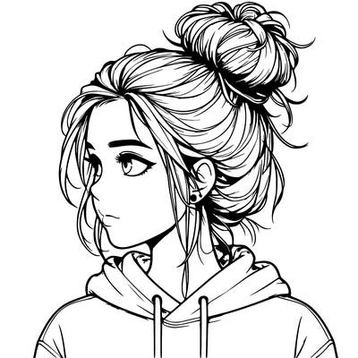 realistic girl woth a messy bun wearing a hoodie