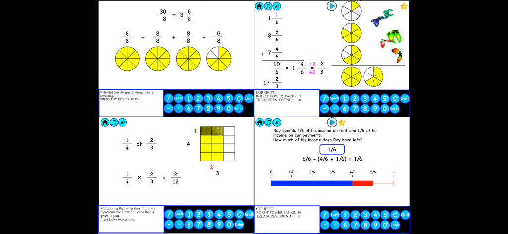 4th Grade Math - Math Galaxy - Educational app screenshots showing fourth grade math lessons on fractions with visual models and word problems.