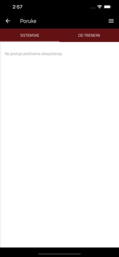 Interfaz de la aplicación móvil de la sección de mensajes del Gimnasio Downtown mostrando pestañas de notificaciones del sistema y del entrenador