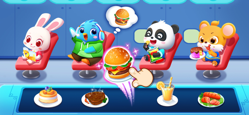 Cartoon characters sitting on a plane selecting meals from a moving belt in Baby Panda's Airport app