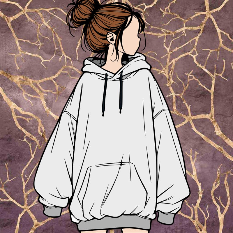 realistic girl with a oversized sweatshirt on and a bun