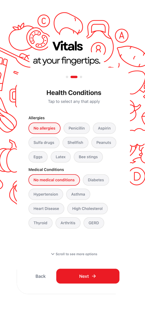 Vitals AI - Health - A setup screen in the Vitals AI app allowing users to select common allergies and medical conditions for their health profile.