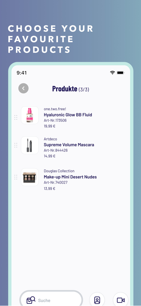 Douglas Creator - Interface of the Douglas Creator app displaying a selection of favorite beauty products including mascara and eyeshadow for video content tagging.