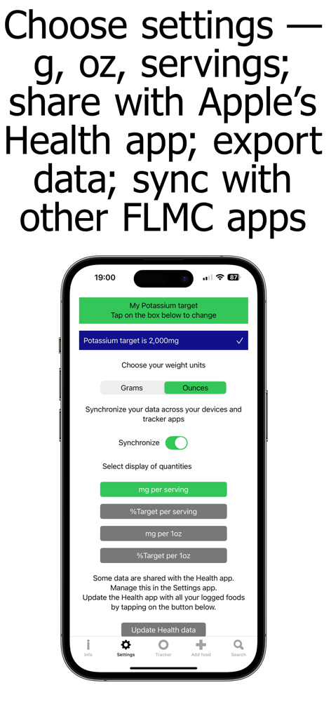 Settings screen of the Potassium Counter app showing target intake and health app synchronization options