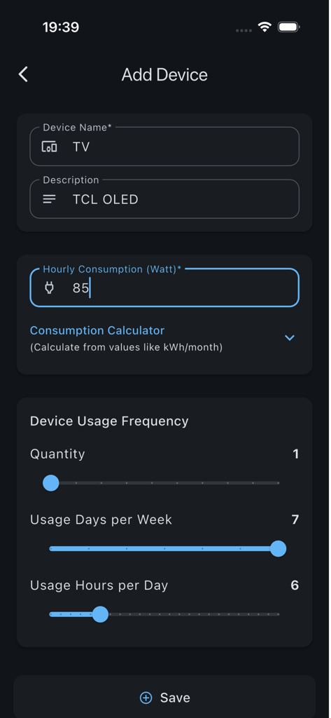 Add device screen in Solar System Calculator Pro app showing energy consumption and usage frequency inputs for a TV