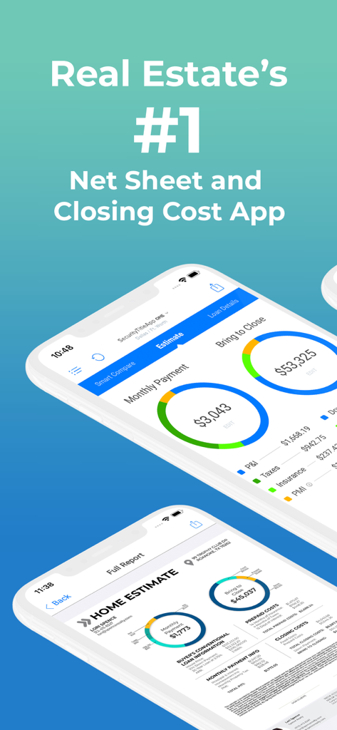 FidelityAgent ONE - Mobile app interface of FidelityAgent ONE showing real estate monthly payment and closing cost estimates