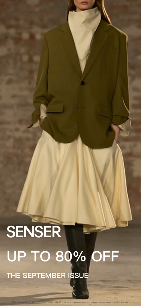 SENSER-Shop Luxury Fashion - A woman in a high-end olive blazer and cream skirt promoting the SENSER September issue with up to 80 percent off.