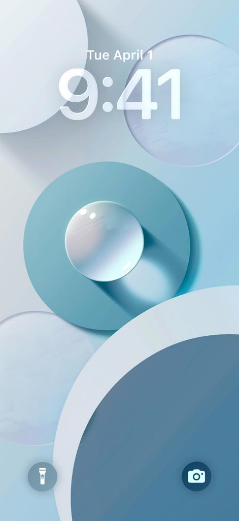 Liquid Wallpapers 26 Themes - Abstract blue circles and a 3D liquid glass droplet on an iPhone lock screen