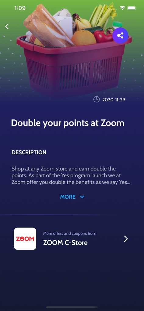 Tela do aplicativo Yes Rewards mostrando uma promoção de pontos em dobro para lojas de conveniência Zoom.