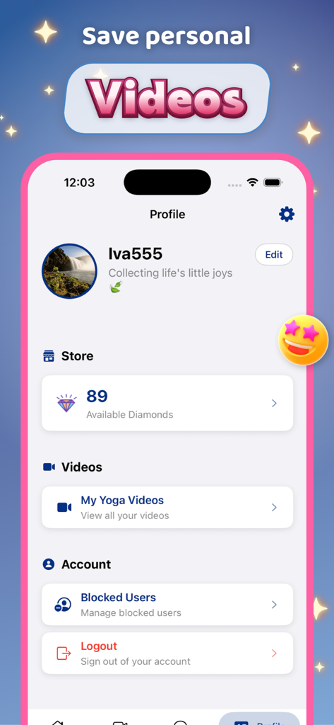 Sovo - - A user profile screen in the Sovo yoga app showing sections for personal yoga videos and available diamonds.