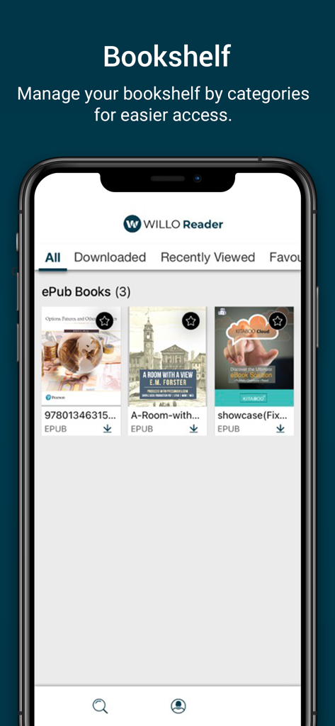 Willo Labs Mobile Reader - Willo Reader app bookshelf screen showing categorized ePub textbooks for students